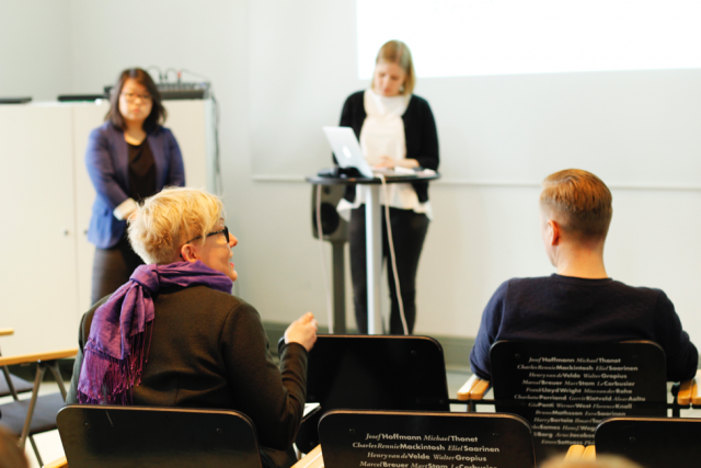 Kaisa Lähteenmäki-Smith shares her feedback after the midterm presentation at Designmuseo, Helsinki, on April 4.